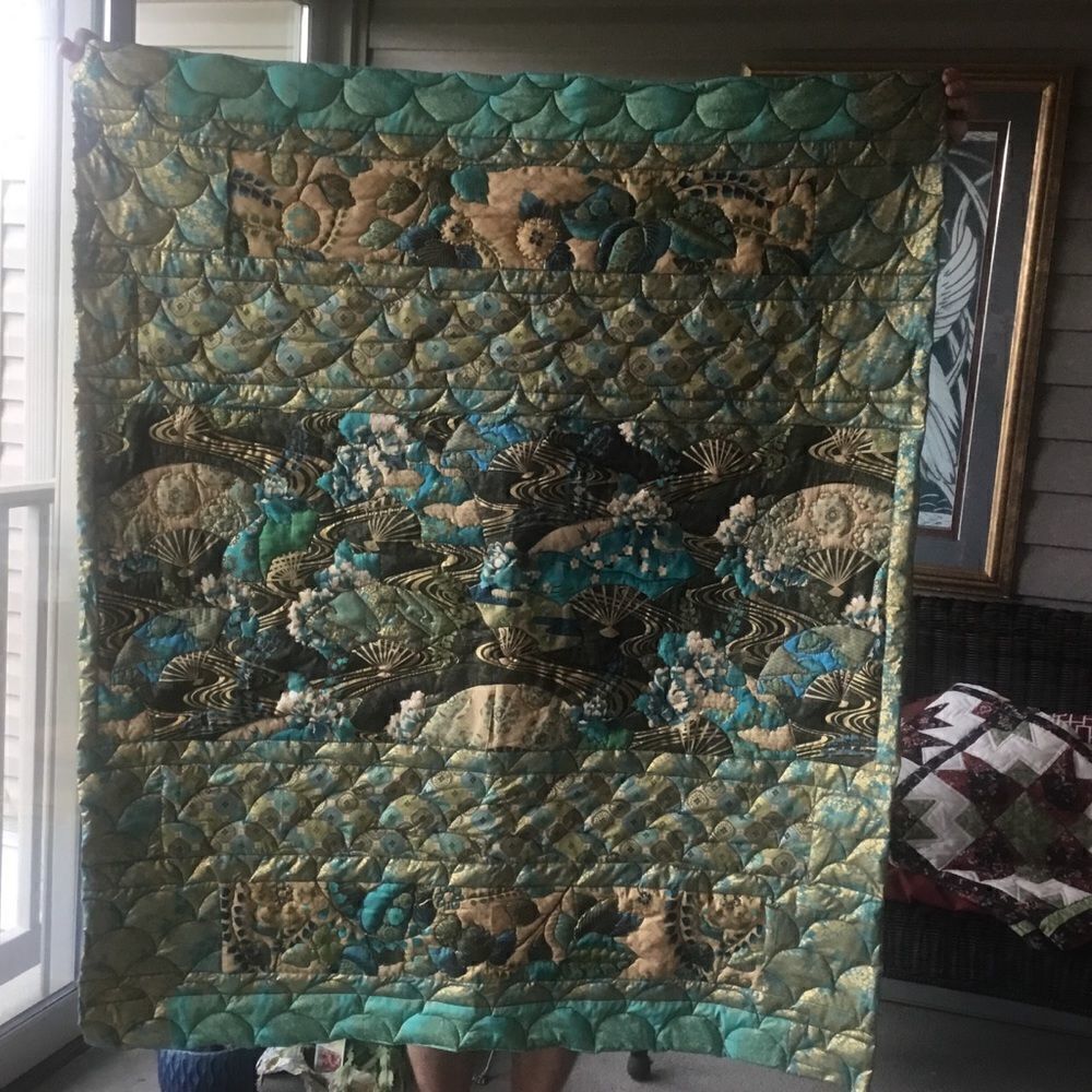 Hand Crafted Turquoise & Gold Quilt - Picture 6 of 16